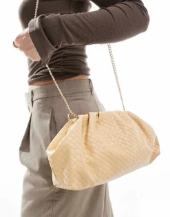 Glamorous Woven Clutch Bag With Crossbody Strap In Butter Yellow For Women