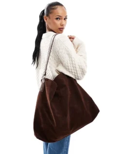 Glamorous Large Faux Suede Tote Bag In Dark Brown For Women