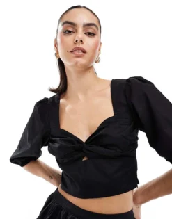 Glamorous Twist Front Crop Top In Black For Women