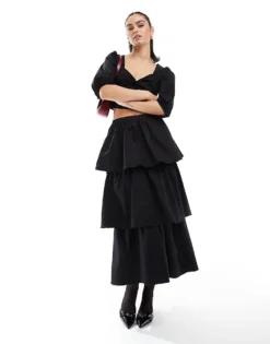 Glamorous Tiered Midi Skirt In Black For Women