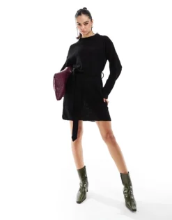 Glamorous Belted Jumper Mini Dress In Black For Women