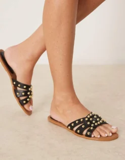 Glamorous Studded Flat Sandals In Black For Women -Glamorous Shop 207936512 1 black 1