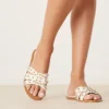 Glamorous Studded Flat Sandals In White For Women