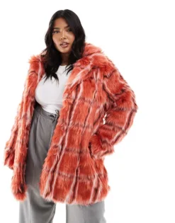 Glamorous Faux Fur Coat In Red Fur Check For Women