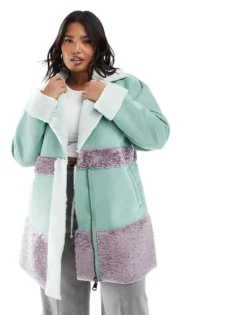 Glamorous Faux Fur Coat In Seafoam Green Mauve For Women