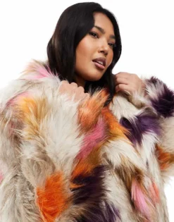 Glamorous Faux Fur Coat In Stone Orange Multi For Women -Glamorous Shop 208003923 3