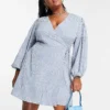 Glamorous Curve Puff Sleeve Wrap Dress In Blue Spot Print For Women