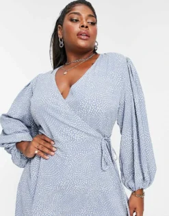 Glamorous Curve Puff Sleeve Wrap Dress In Blue Spot Print For Women -Glamorous Shop 23293209 3