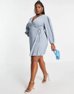 Glamorous Curve Puff Sleeve Wrap Dress In Blue Spot Print For Women -Glamorous Shop 23293209 4