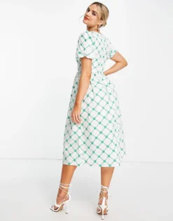 Glamorous Square Neck Midi Smock Dress In Green Check Floral For Women Floral Check -Glamorous Shop 23658390 3