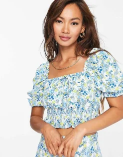 Glamorous Shirred Crop Top In Blue Floral Co-ord For Women Blue Yellow Floral -Glamorous Shop 23658391 3