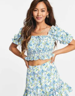 Glamorous Shirred Crop Top In Blue Floral Co-ord For Women Blue Yellow Floral -Glamorous Shop 23658391 4